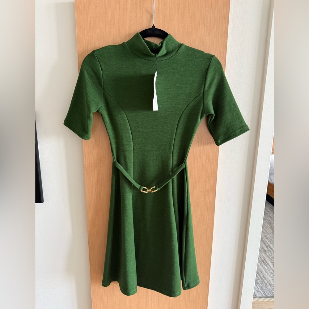 Zara Mock Neck Green Dress with Belt